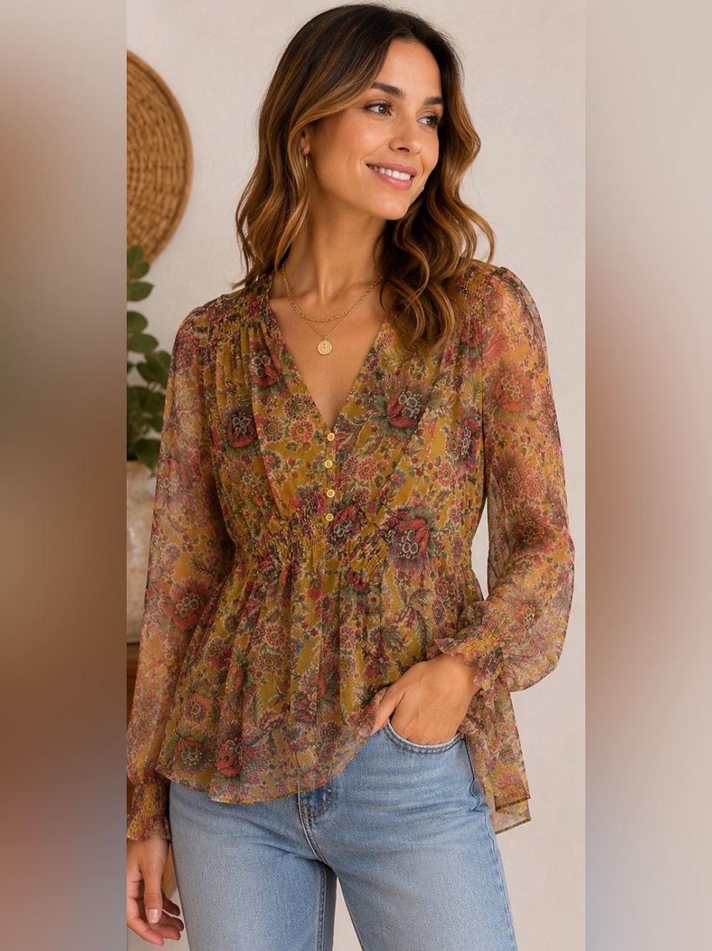 166 Anthropologie Sheer Floral Boho Peplum Blouse Mustard Pink Mesh Top Small